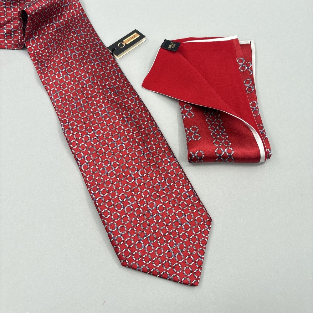 Zilli Tie Mens Red Geometric 100% Silk Pocket Square Set Necktie Luxury NEW